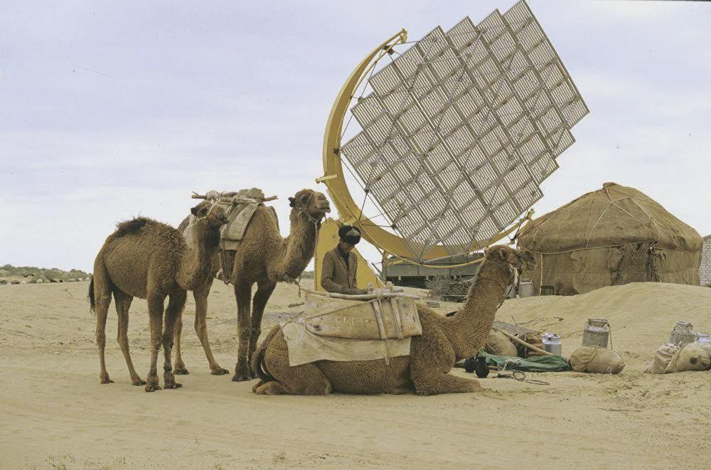 Camels and solar panels, Karakum Desert, 1987